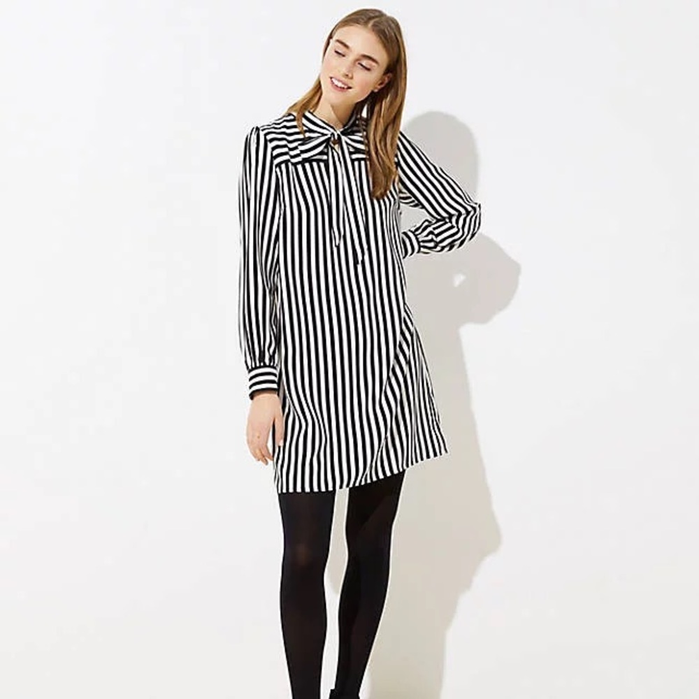 Loft Black and White Striped Tie Neck Bow Dress
